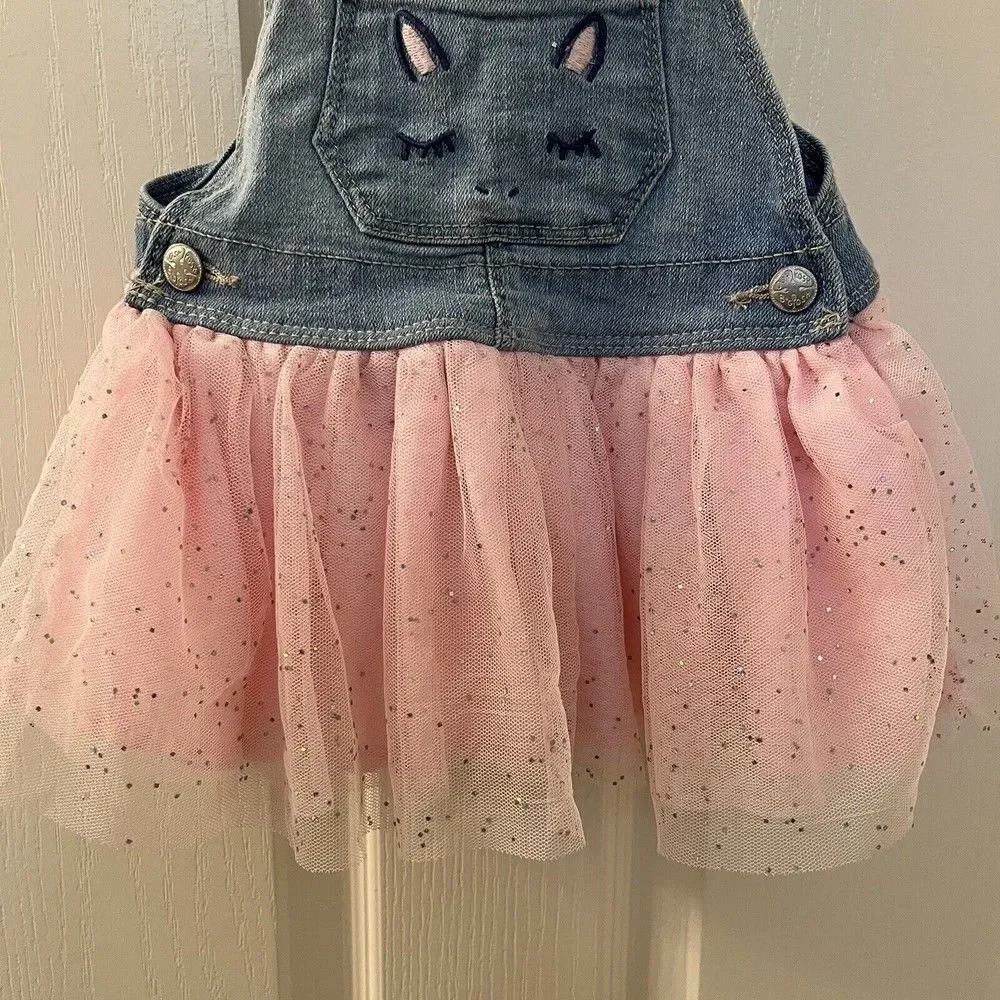 Oshkosh B'gosh Unicorn Overall Dress Pink Tulle Vestbak Denim Girls SZ 12 Months